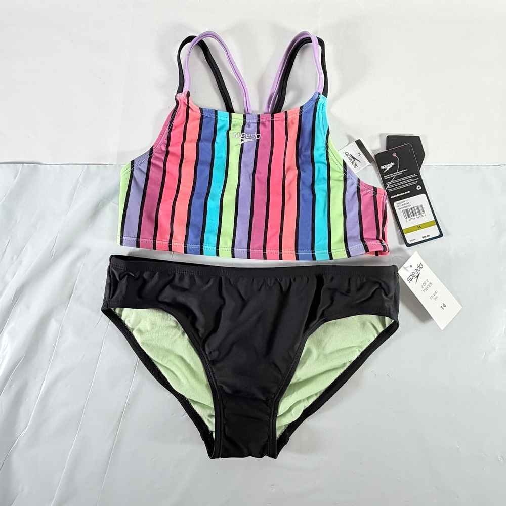 Speedo Girls Two Piece Bikini Swimsuit Anthracite Multi Stripe Size 14 New